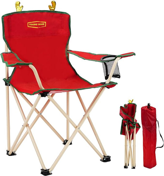YOUNG WOOD Portable Camping Chair Beach Chair Outdoor Foldable Chair, Included Mesh Cup Holder & Safety Lock to Avoid Pinch Hand, Suitable for Christmas, Camp, Party, with Carrying Bag, Ages 2 to 7