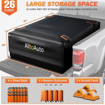 Truck Bed Cargo Bag with Cargo Net, 26 Cubic Feet (51''x40''x22''), 4'x6' Cargo Net Stretches to 8'x12', 100% Waterproof 600D Heavy Duty, Fits Any Truck Size, Convenient for Installation