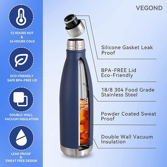 VEGOND 17oz Stainless Steel Water Bottles Bulk, Reusable Metal Sports Water Bottle Keeps Drink Hot and Cold, BPA Free Double Wall Vacuum Cola Shape Insulated Water Bottles for Camping Gym, 8 Pack