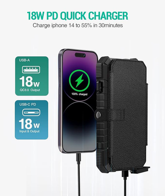 BLAVOR Solar Charger Power Bank, PD 18W Fast Charging 20000mAh Battery Pack with 4 Foldable Panels, Portable Solar Powered USB C Charger with Camping Flashlight Compass Carabiner for Cell Phone