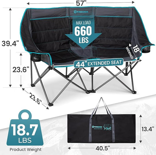 FUNDANGO Double Camping Chair with Cooler, 2 Person Folding Oversized Loveseat Camp Chairs for Adults Fully Padded Couch with Cup Holder for Outdoor Lawn Beach Patio Support 660 LBS Black/Blue