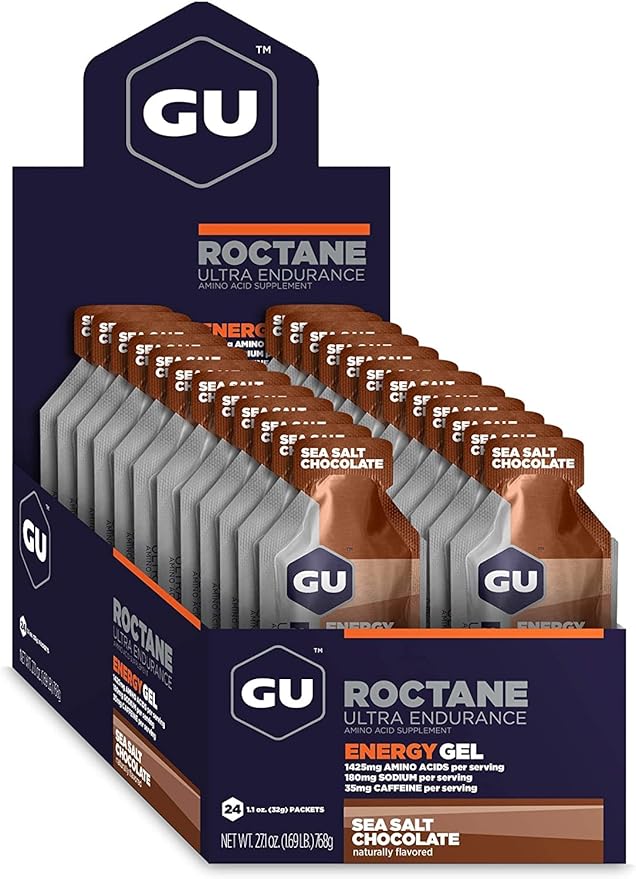 GU Energy Roctane Ultra Endurance Energy Gel, Vegan, Gluten-Free, Kosher, and Dairy-Free On-The-Go Sports Nutrition for Running, Biking, Hiking or Skiing, Sea Salt Chocolate, 24-Count