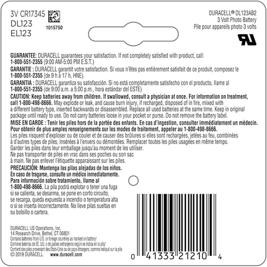 Duracell CR123A 3V Lithium Battery, 2 Count Pack, 123 3 Volt High Power Lithium Battery, Long-Lasting for Home Safety and Security Devices, High-Intensity Flashlights, and Home Automation