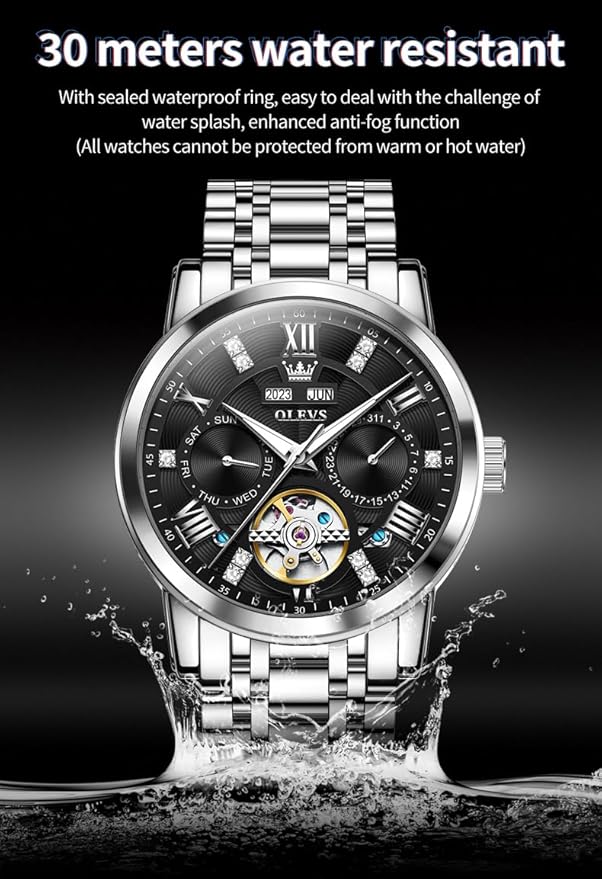 OLEVS Mens Automatic Watches Gold Luxury Diamond Dress Self Winding Mechanical Skeleton Tourbillon Stainless Steel Wrist Watch