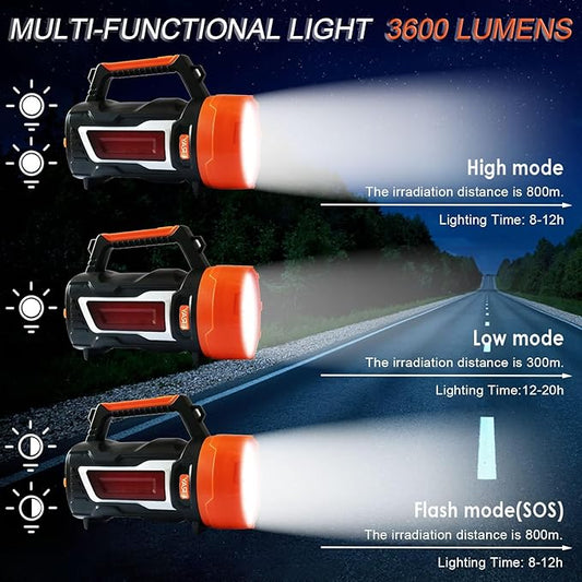 Rechargeable LED Lantern, Multi Function Camping Lantern, Hand Crank Flashlight, 6 Light Modes, IP64 Waterproof, Handheld Spotlight Flashlight Searchlight for Power Outage Hiking Emergency Hurricane