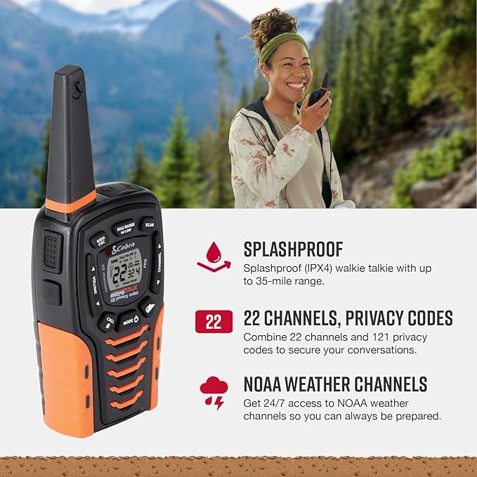 Cobra ACXT645 Waterproof Walkie Talkies for Adults with Compatible Cobra Surveillance Headset Microphone: Rechargeable, 22 Channels, 35-Mile Range, 2 Two-Way Radios, 2 Headsets, Black/Orange