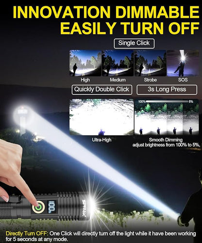 Rechargeable Flashlight High Lumens-12000LM Super Bright Magnetic Flash Light with Power Digital Display,3280Ft Long Range,Dimmable,Waterproof,Pocket Tactical LED Flashlights for Emergency Camping 2PC