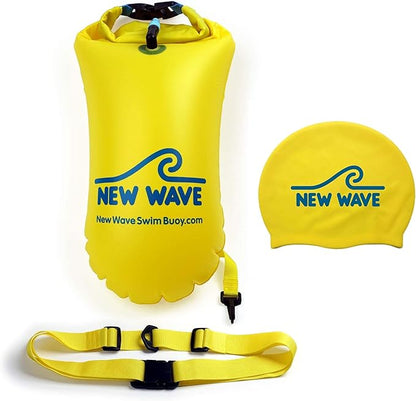 New Wave Swim Buoy & New Wave Swim Cap Bundle - Swim Safety Float and Drybag for Open Water Swimmers Triathletes, Open Water Swim Buoy Float for Safer Swim (PVC 15L Drybag Yellow + Silicone Cap)