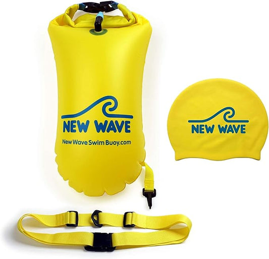 New Wave Swim Buoy & New Wave Swim Cap Bundle - Swim Safety Float and Drybag for Open Water Swimmers Triathletes, Open Water Swim Buoy Float for Safer Swim (PVC 15L Drybag Yellow + Silicone Cap)