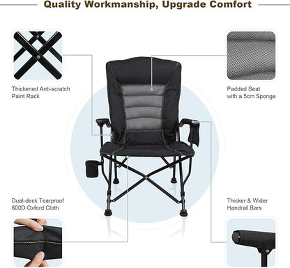 Outdoor Folding Camping Chair Heavy Duty Movable High Back Collapsible Padded Chair with Storage Bag for Outside Camping Activities, Black