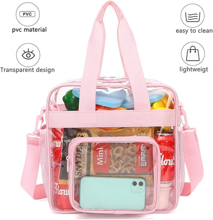 FlowFly Clear Bag for Stadium Events With Shoulder Strap for Women, Men, Large and Reusable Lunch Container, Work and Sporting Events, Travel 12x6x12 Clear Tote Bag, Clear#Pink