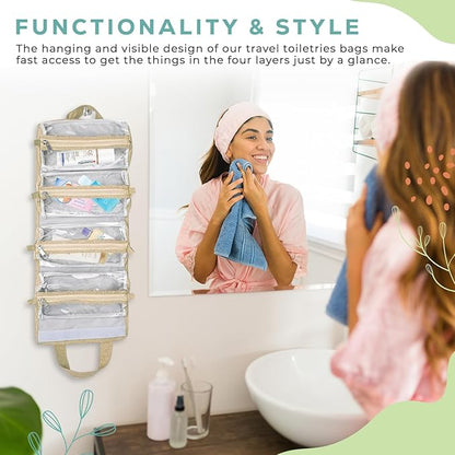 4-in-1 Hanging Toiletry bag - Roll-Up Makeup Bag - 4 Detachable PVC Zip Pouches – 600D Oxford Fabric, Versatile Travel Toiletry Organizer Bag - Makeup, Cosmetics, First Aid, Medicine Personal Care,