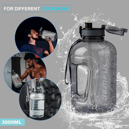 GEMFUL 3 Liter Water Bottle with Straw Time Marker Large 101oz BPA-Free Leakproof Jug for Gym Sports Hiking Motivational Tracking for Men Women (Grey with Removable Straw)