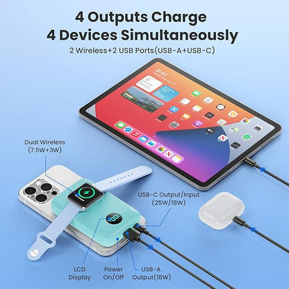 Magnetic Portable Charger for iPhone, 10800mAh 4-in-1 Wireless Power Bank with iWatch Charger, 25W PD Fast Charging Battery Pack for Magsafe, iPhone 16/15/14/13/12 Series, Apple Watch (Green)