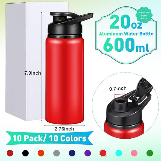 10 Pack 20oz Reusable Aluminum Water Bottles Bulk Operation Christmas Multicolor Outdoor Sports Water Bottles for Travel, Gym, Hiking, Cycling, Camping, Fishing, Snap Lid (Multicolor)