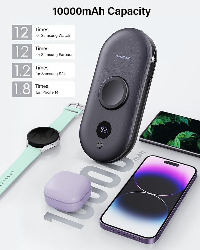 Portable Charger for Samsung Watch 8 Classic/8/Ultra/7, 10000mAh Power Bank with Built-in Cables & Wall Plug, 302S Travel Battery Pack Compatible with iPhone, Samsung, and More