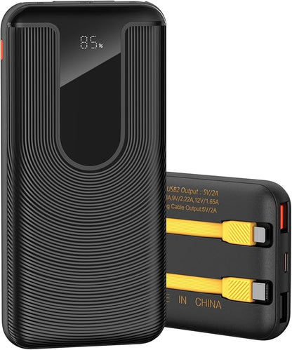 Portable Charger 10000mAh, Cell Phone Portable Power Banks with 22.5W PD Fast Charging,Built in Cables,5 Outputs 3 Inputs,Travel Essential,for iPhone, iPad,Android,Google, and More(Black)