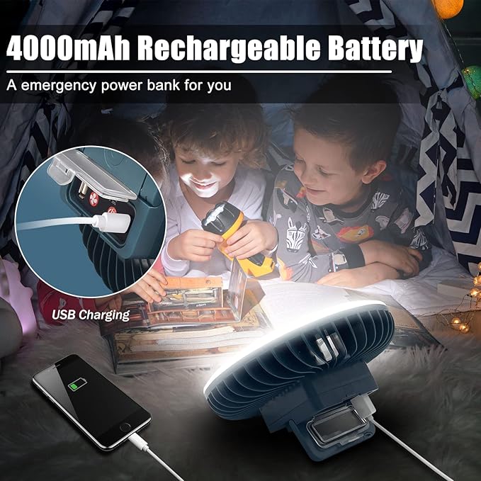 Portable Camping Fan with LED Lantern XTAUTO USB Rechargeable Waterproof Tent Fan with Hanging Hook Magnet Survival Kits for Indoor Outdoor Hiking Car Office Desk Outdoor Emergency Power Outage