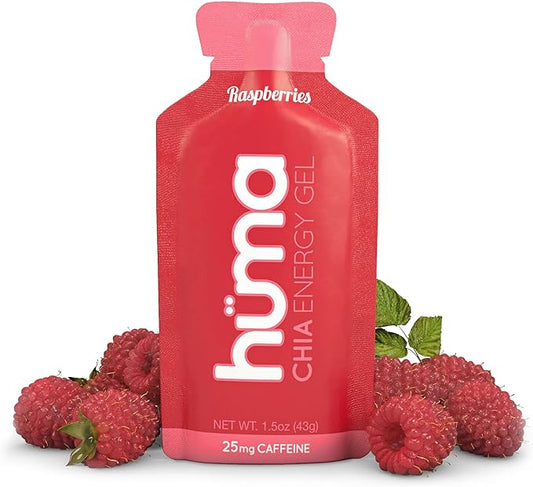 Huma Chia Energy Gel, Raspberries, 12 Gels, 25mg Caffeine per Packet - Premier Sports Nutrition for Endurance Exercise