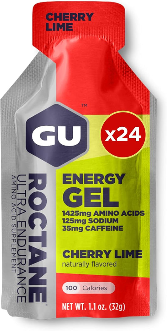 GU Energy Roctane Ultra Endurance Energy Gel, Vegan, Gluten-Free, Kosher, and Dairy-Free On-The-Go Sports Nutrition for Running, Biking, Hiking or Skiing, 24-Count, Cherry Lime