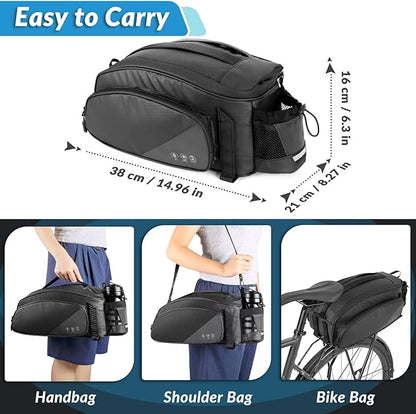 WOTOW Rear Rack Bag, 12L Waterproof Reflective Bicycle Trunk Bag, Cycling Rear Seat Carrier Backseat Storage Luggage with Water Bottle Holder, Shoulder Strap for MTB Bike E-Bike