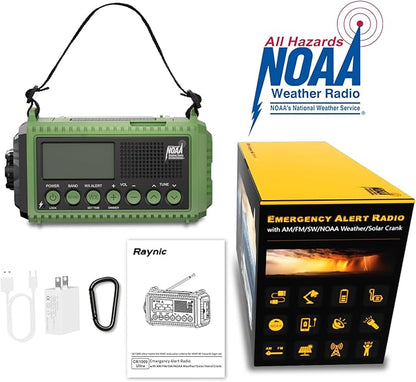 Raynic Emergency Radio, 12000mAh/44400mWh Battery Operated Weather Radio, Solar Hand Crank Radio with AM/FM/SW/NOAA Alert, Cell Phone Charger, Type-C Charging, Flashlight and SOS Siren