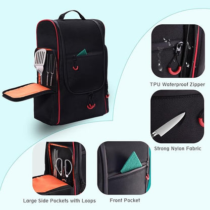 Camping Organizer for Outdoor Kitchen Storage, Large Hanging Cookware Backpack with Paper Towel Holder, Multi Pockets Camp Utensil Containers for BBQ Grill Cooking Essential Tools, Bag Only