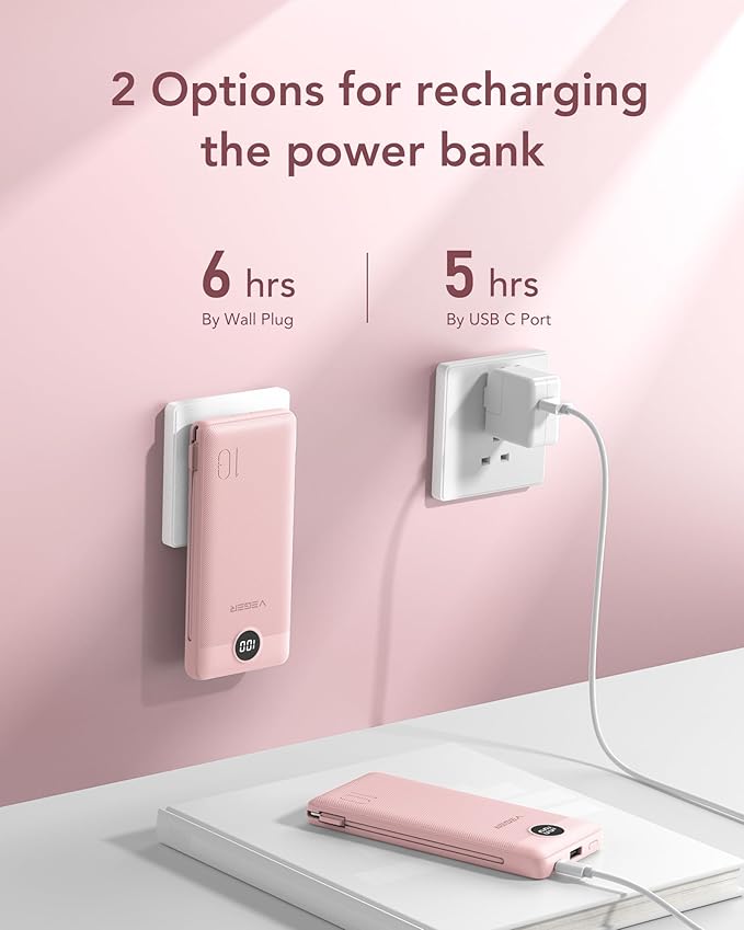 VEGER Portable Charger with Built-in AC Plug and Cables, All in One 10000mAh Ultra-Slim Power Bank, 15W Fast Charging for iPhone, Samsung, Android, Travel Essential (Crepe)