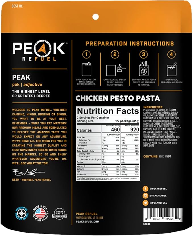 Peak Refuel Chicken Pesto Pasta | Freeze Dried Backpacking and Camping Food | Amazing Taste | High Protein | Real Meat | Quick Prep Meals