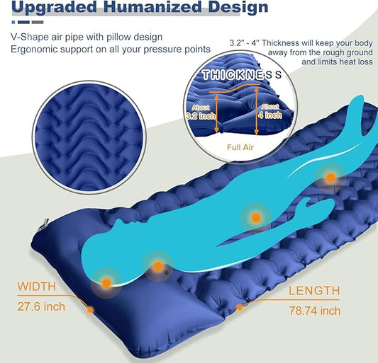 MEETPEAK Sleeping Pad, Extra Thickness 4 Inch Inflatable Camping Sleeping Mat with Pillow Built-in Foot Press, Compact Ultralight Camping Air Mattress for Backpacking, Hiking, Tent