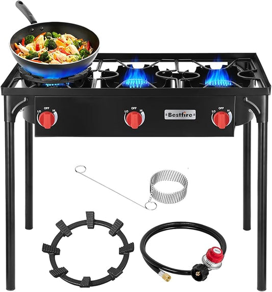 Bestfire 3 Burners Camping Stove for Cooking Outdoor, 225,000 BTU Propane Burners with Ignition wire&Removable Legs, Temperature Control Knobs and 20 PSIG High Pressure Regulator for BBQ