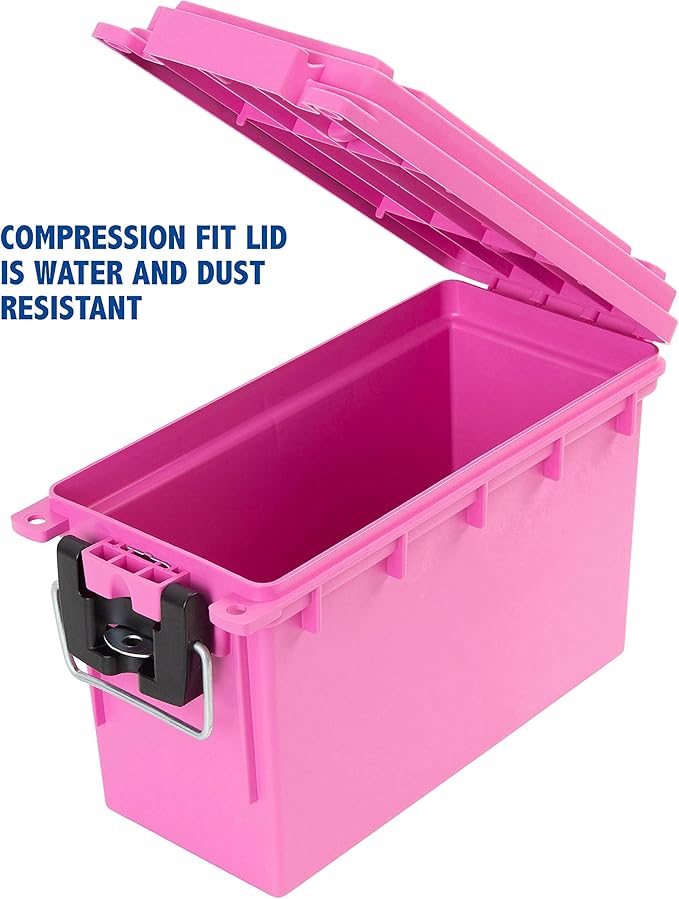 Sheffield 12631 Ammo Storage Box, Stackable .30 Cal Field Boxes, Water and Dust Resistant, Lockable Storage Box with Handle, Secures Hunting Gear, Supplies, and Bullets, Made in USA, Pink, 1-Pack