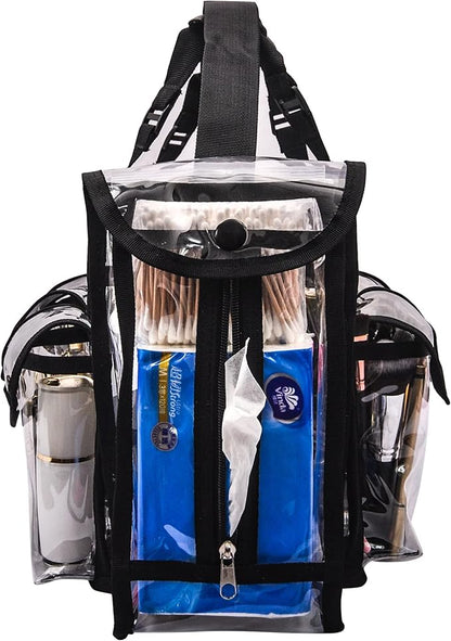 Professional Clear PVC Makeup Kits Organizer Make up Set Bag MUA Carry All Artist Transparent Vinyl Travel Cosmetic Bag with 6 External Pockets & Tissue Holder