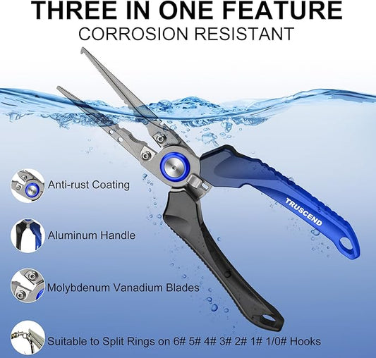 TRUSCEND Lockable Handy Fishing Pliers with Innovative Ergonomic Handle, Saltwater Corrosion Resistant Teflon Coated Fishing Tool, Multi-Function Fishing Gear with Mo-V Cutter