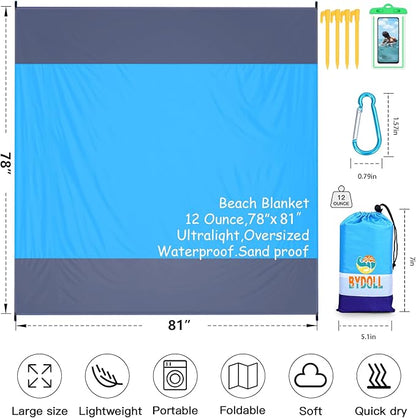 BYDOLL Beach Blanket Waterproof Sandproof 78''×81'' 1-7 Adults Oversized Lightweight Large Picnic Mat Waterproof Sandproof Blanket for Beach