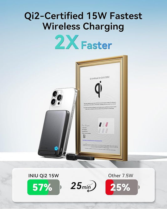 INIU for MagSafe Portable Charger, Qi2 Certified, Slimmest 45W 10000mAh Magnetic Power Bank, with USB C Cable & Stand, Fast Charging Battery Pack for iPhone 16 15 14 13 12 Only, Pink