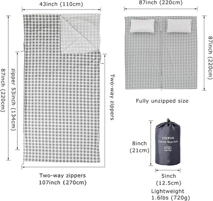 100% Cotton Sleeping Bag Liner with Full Length Zipper on 3 Sides; Single/Double Adult Sleep Sack for Travel & Camping, Multifunctional Travel Sheets (Unzipped 87”x87”) for Hotel, Lightweight