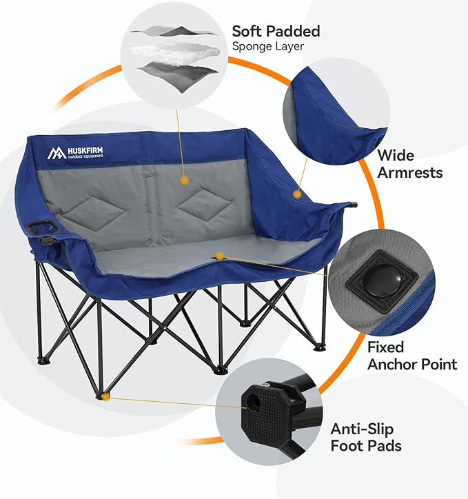 Double Camping Chairs Oversized Loveseat - 2 Person Camping Chair Portable Lawn Folding Chair for Outside Adults - Heavy Duty Outdoor Camping Couch with Cup Hold, Blue