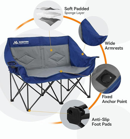 Double Camping Chairs Oversized Loveseat - 2 Person Camping Chair Portable Lawn Folding Chair for Outside Adults - Heavy Duty Outdoor Camping Couch with Cup Hold, Blue