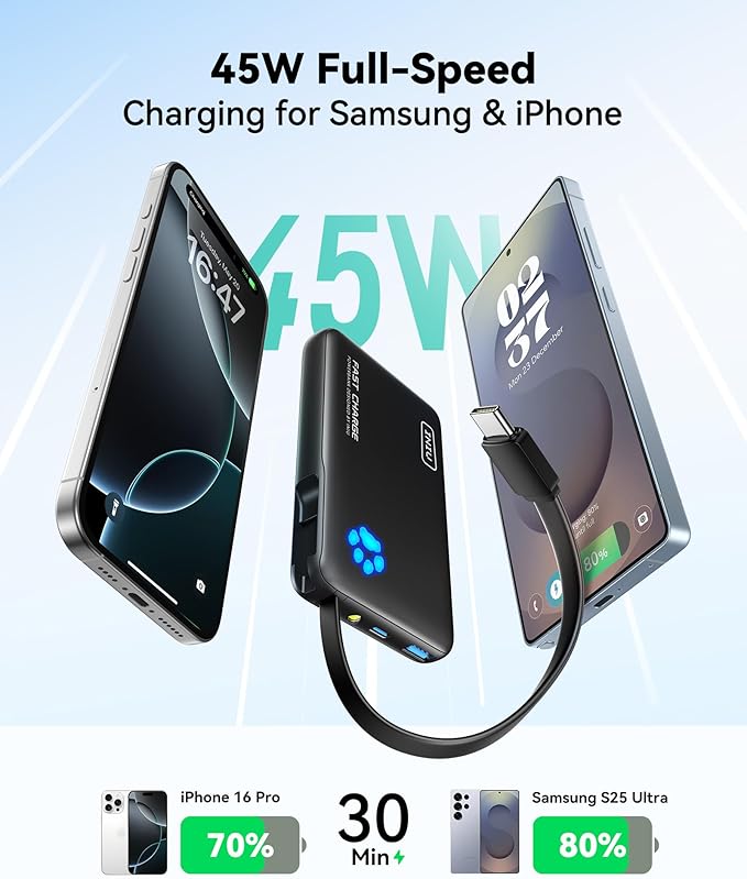 INIU 45W Portable Charger, 10000mAh Built-in USB C Cable Fast Charging Power Bank, Small Type C Battery Pack, Powerbank for iPhone 17 16 15 14, iPad, Samsung S25 S24 etc. Travel Camping Essentials