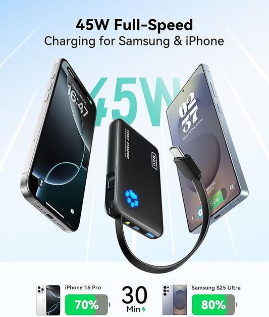 INIU 45W Portable Charger, 10000mAh Built-in USB C Cable Fast Charging Power Bank, Small Type C Battery Pack, Powerbank for iPhone 17 16 15 14, iPad, Samsung S25 S24 etc. Travel Camping Essentials