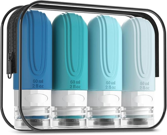 Travel Bottles for Toiletries, Tsa Approved 2oz Travel size Bottles, BPA Free Leak Proof Travel Toiletry Containers, Refillable Travel Accessories with Toiletry Bag for Shampoo Liquid (4 Pack)