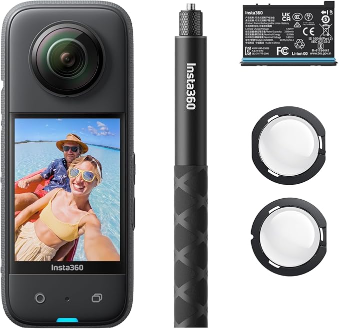 Insta360 X3 Starter Bundle - Waterproof 360° Action Camera with 1/2 Inch Sensor, 5.7K 360°, 72MP 360° Photos, Stabilisation, 2.29" Touch Screen, Vibration Feedback, AI Editing, Live Streaming