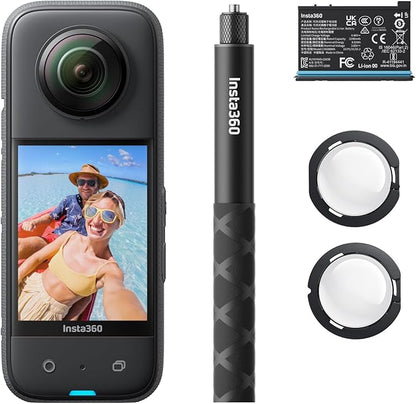 Insta360 X3 Starter Bundle - Waterproof 360° Action Camera with 1/2 Inch Sensor, 5.7K 360°, 72MP 360° Photos, Stabilisation, 2.29" Touch Screen, Vibration Feedback, AI Editing, Live Streaming