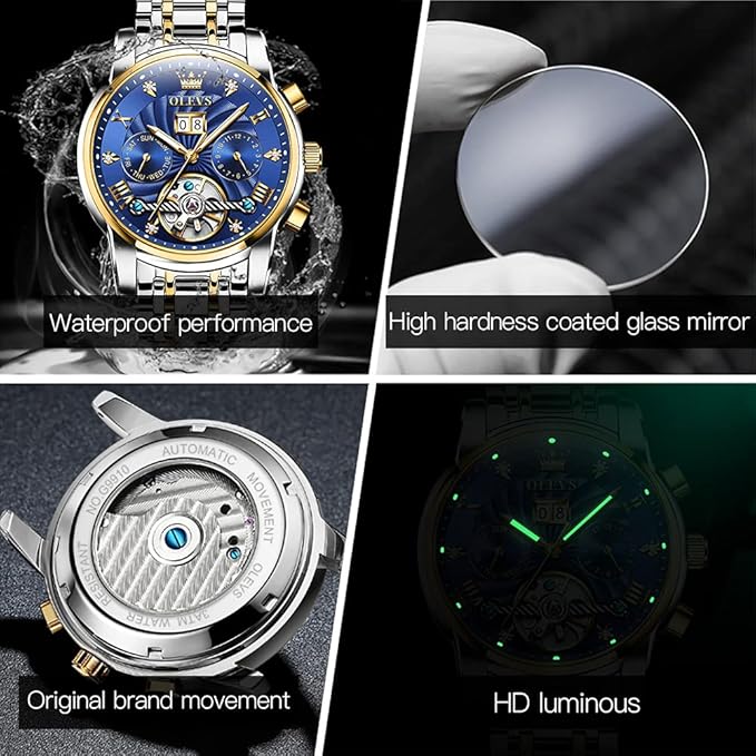 OLEVS Mens Automatic Watches Gold Luxury Diamond Dress Self Winding Mechanical Skeleton Tourbillon Stainless Steel Wrist Watch