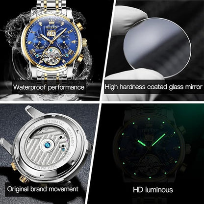OLEVS Mens Automatic Watches Gold Luxury Diamond Dress Self Winding Mechanical Skeleton Tourbillon Stainless Steel Wrist Watch