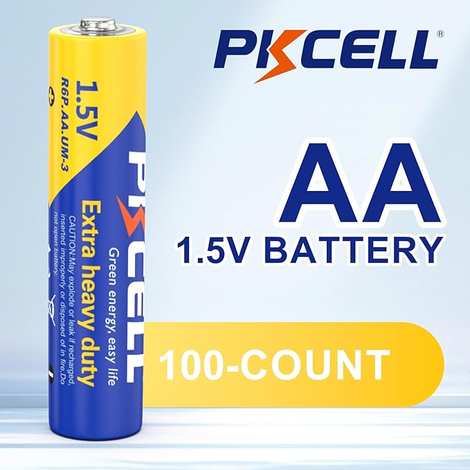 PKCELL AA Batteries 100 Pack, Double A Batteries, 1.5V High-Performance Carbon Battery for LED Candles Clock Remote Controls Flashlights