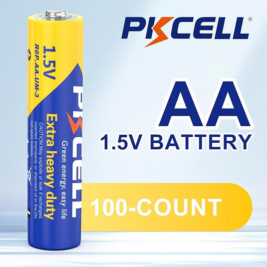 PKCELL AA Batteries 100 Pack, Double A Batteries, 1.5V High-Performance Carbon Battery for LED Candles Clock Remote Controls Flashlights