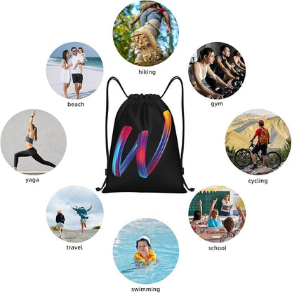 Drawstring Bags Initial Drawstring Backpack Sackpack Black Draw String Cinch Bags for Sports, Gym, Travel, Swimming, Beach, Camping, Rainbow Letter W