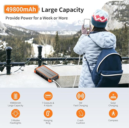 Solar Charger Power Bank 49800mAh Wireless Charger QC 3.0 Fast Charging Power Bank 8 Outputs 4 Inputs Solar Portable Charger Compatible with All Mobile Devices,SOS/Strobe/Strong Flashlights (orange)